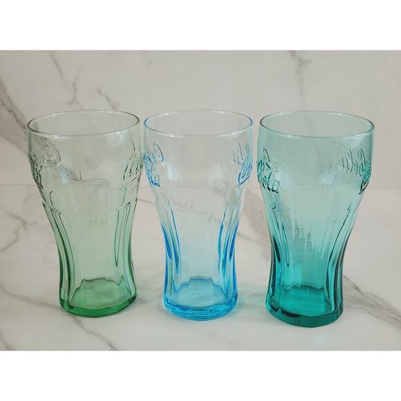 Coca Cola Drinking Glasses Embossed Logo 16oz Glass Tumblers Turquoise Green x3 - Picture 8 of 12